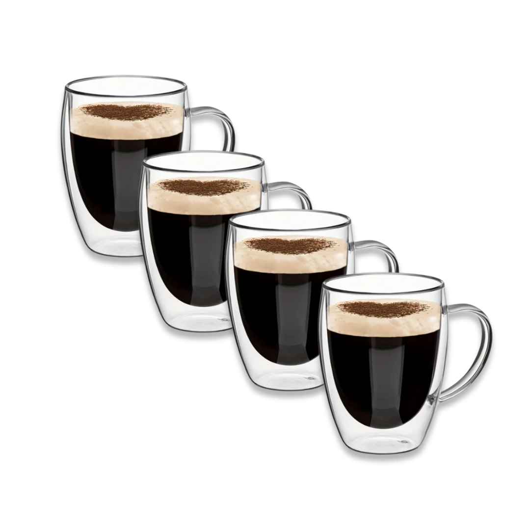 A set of four clear glass coffee mugs with double wall insulation, featuring a handle.