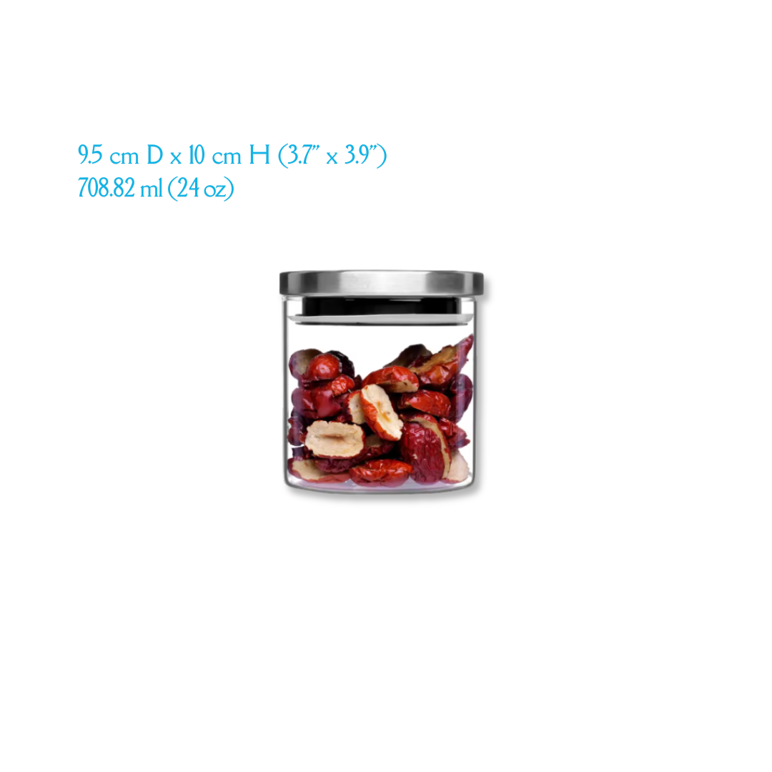 A set of round glass jars in various sizes with a airtight stainless steel lid, displaying different quantities of dry food items like pasta and beans.