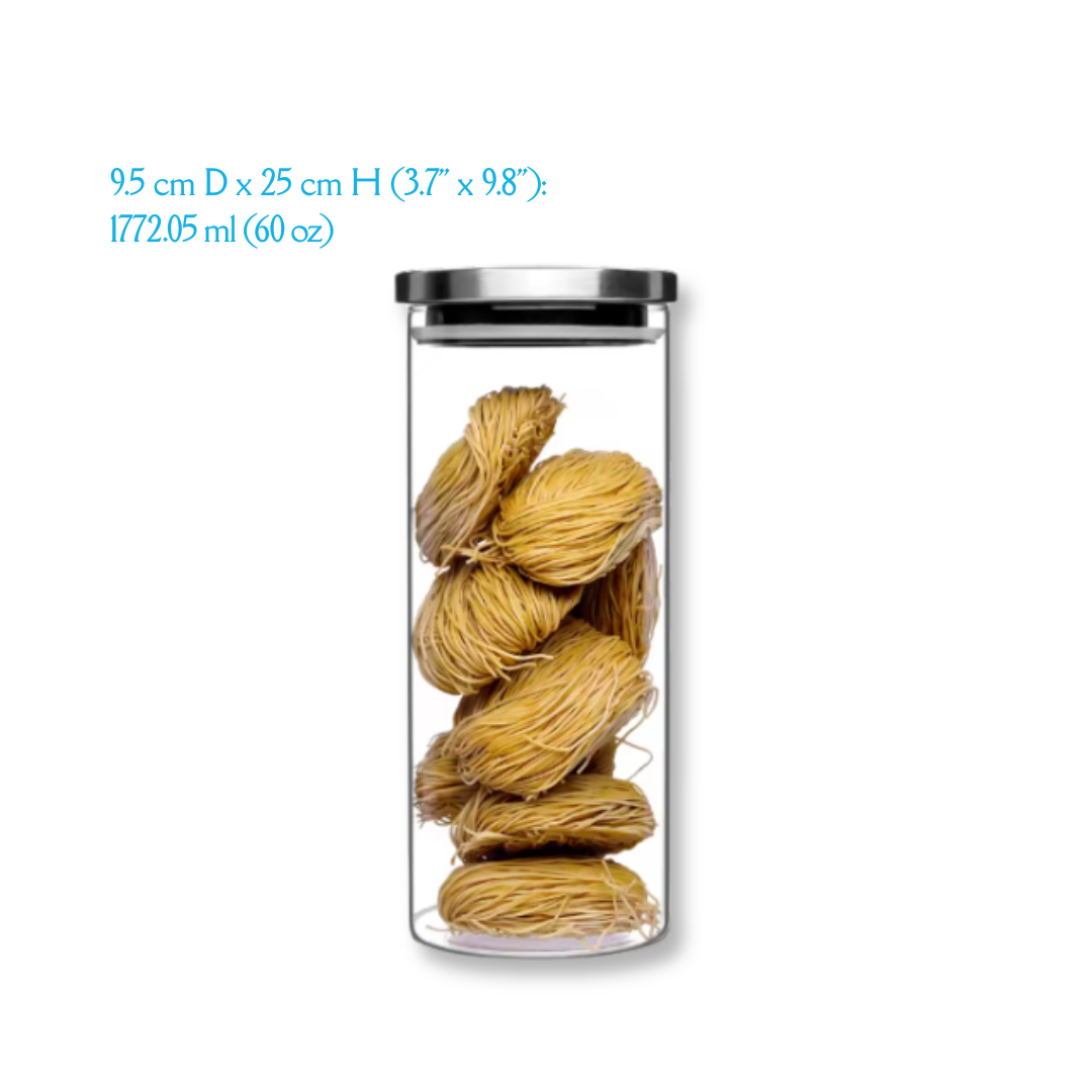 A set of round glass jars in various sizes with a airtight stainless steel lid, displaying different quantities of dry food items like pasta and beans.
