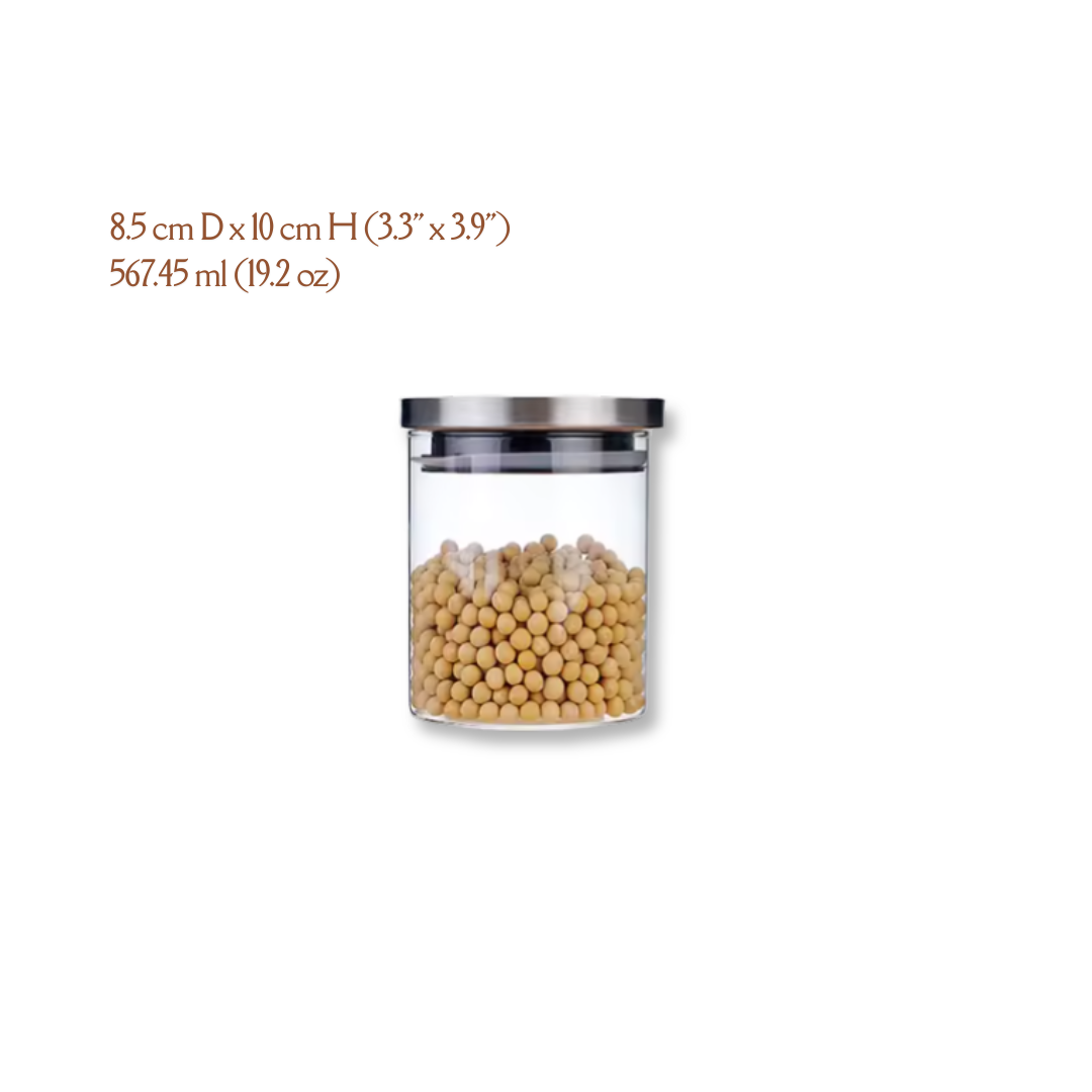 A set of round glass jars in various sizes with a airtight stainless steel lid, displaying different quantities of dry food items like pasta and beans.