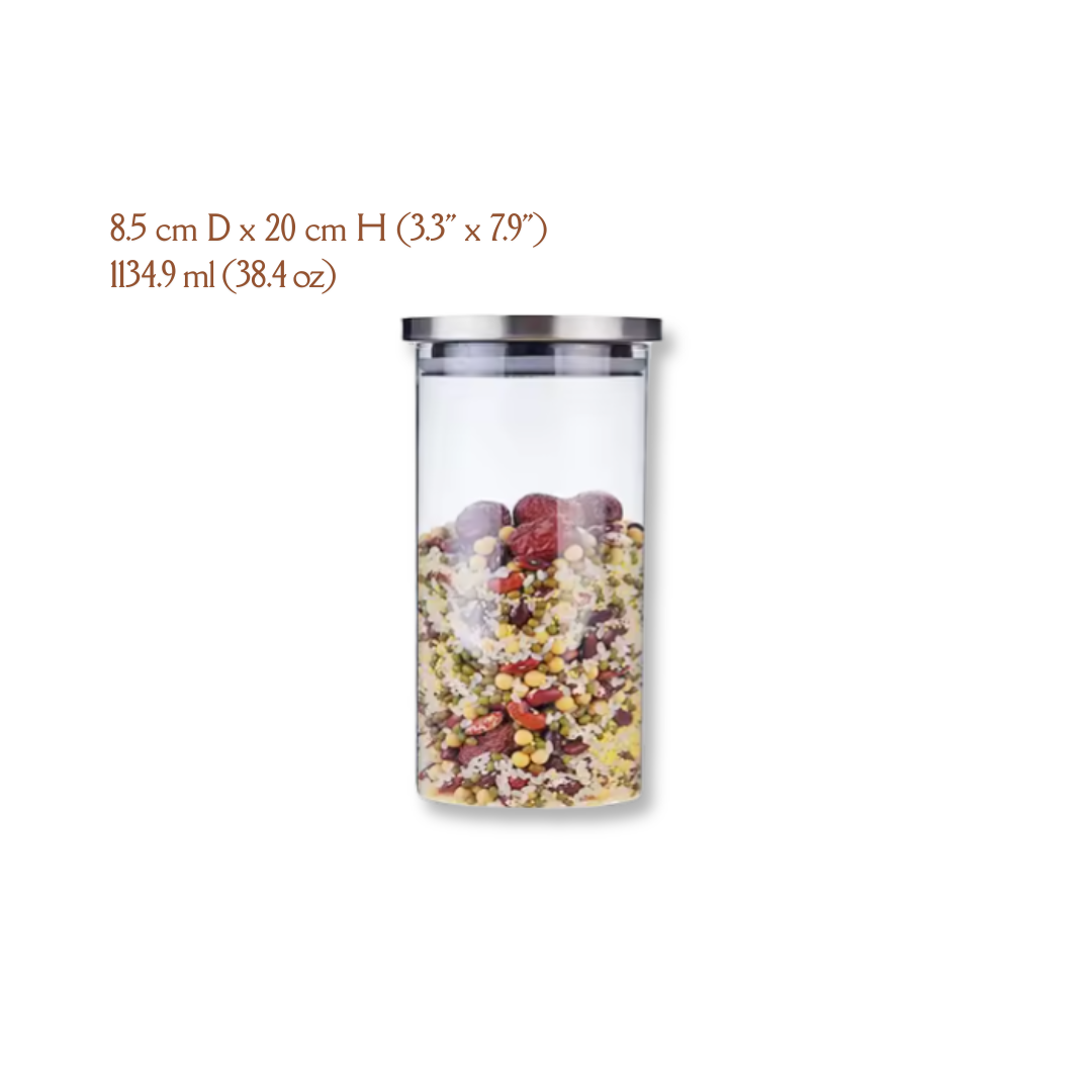 A set of round glass jars in various sizes with a airtight stainless steel lid, displaying different quantities of dry food items like pasta and beans.