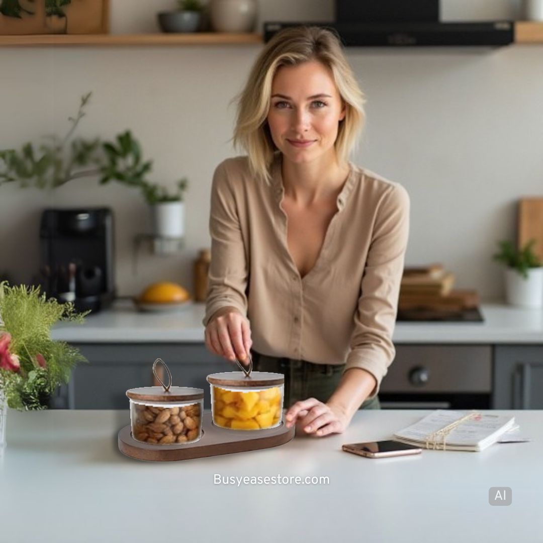 Glass Snack Storage Sets | Oak Nut-Inspired Wooden Lids & Minimalist Wooden Tray