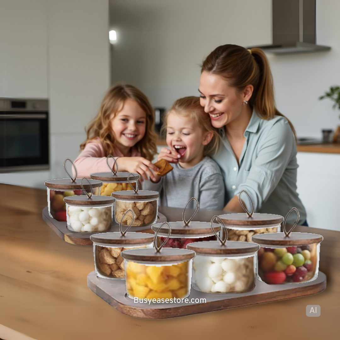 Glass Snack Storage Sets | Oak Nut-Inspired Wooden Lids & Minimalist Wooden Tray