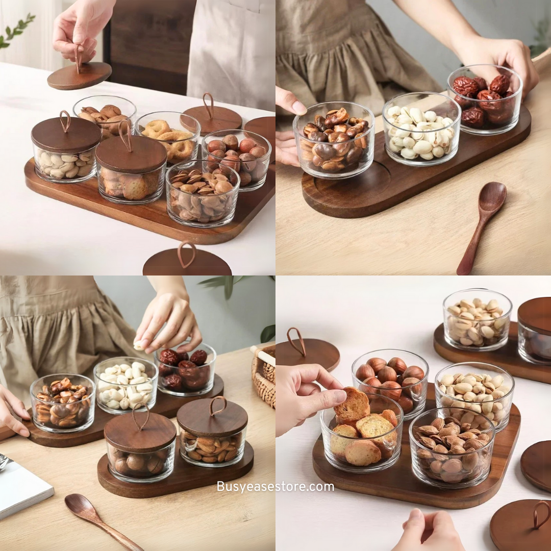 Glass Snack Storage Sets | Oak Nut-Inspired Wooden Lids & Minimalist Wooden Tray
