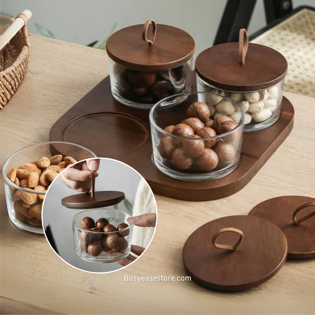 Glass Snack Storage Sets | Oak Nut-Inspired Wooden Lids & Minimalist Wooden Tray