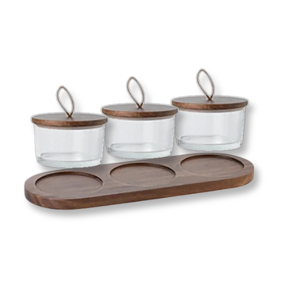 Glass Snack Storage Sets | Oak Nut-Inspired Wooden Lids & Minimalist Wooden Tray