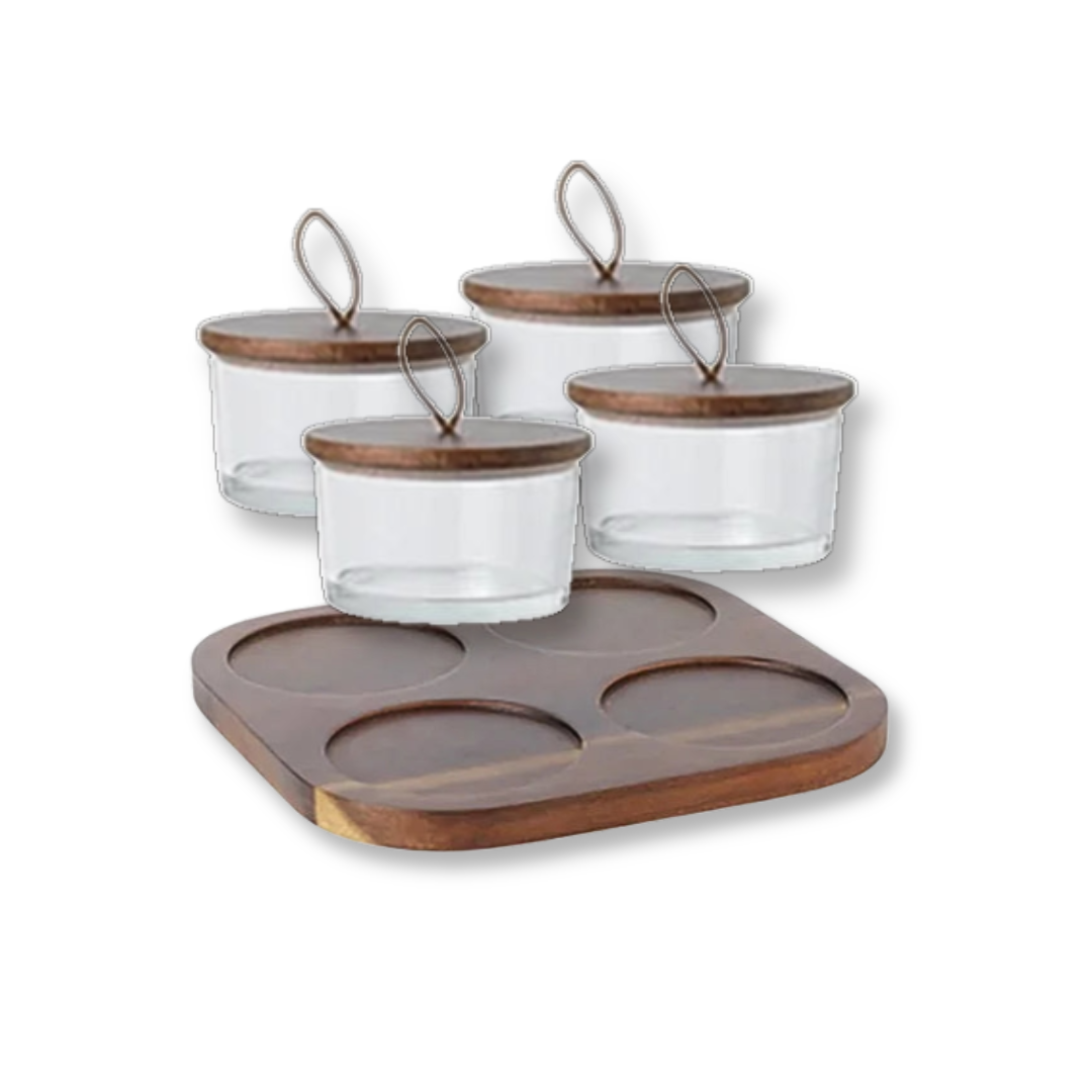 Glass Snack Storage Sets | Oak Nut-Inspired Wooden Lids & Minimalist Wooden Tray