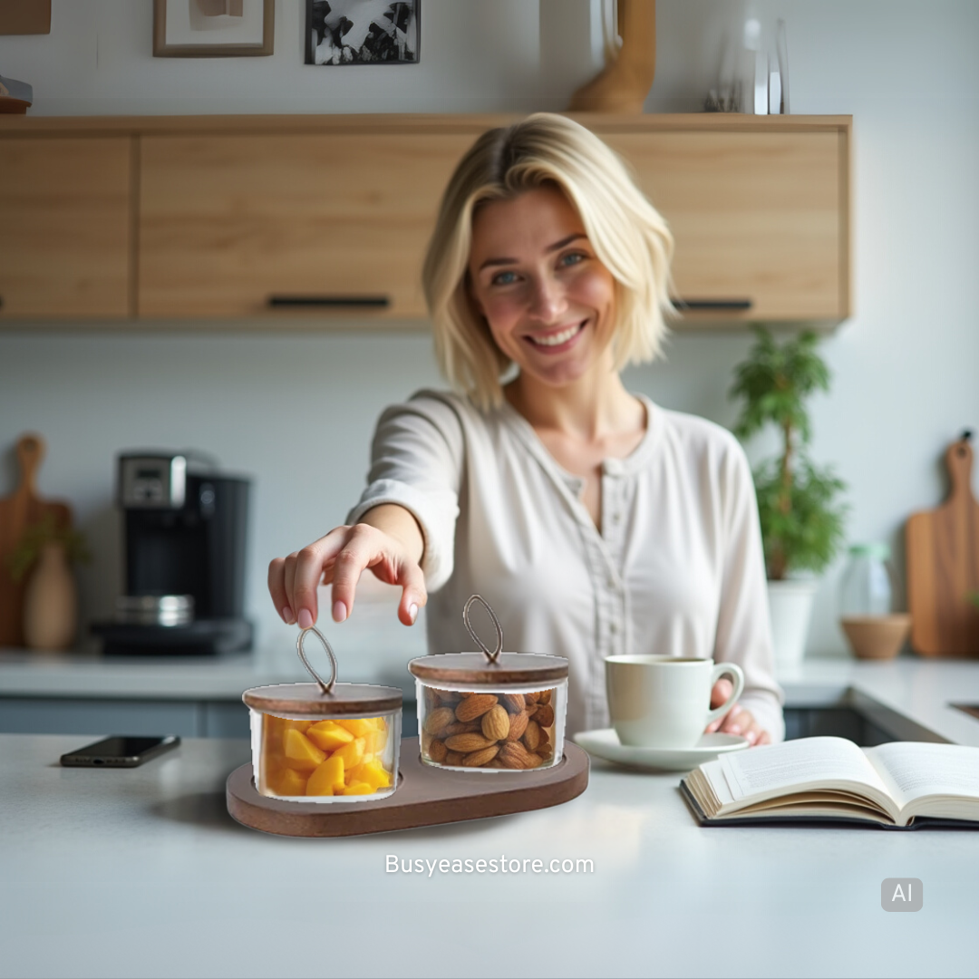 Glass Snack Storage Sets | Oak Nut-Inspired Wooden Lids & Minimalist Wooden Tray
