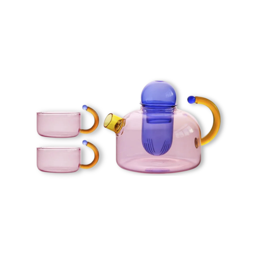 Modern Colorful Heat-Resistant Glass Tea Set | 400ml Teapot & 2 Cups