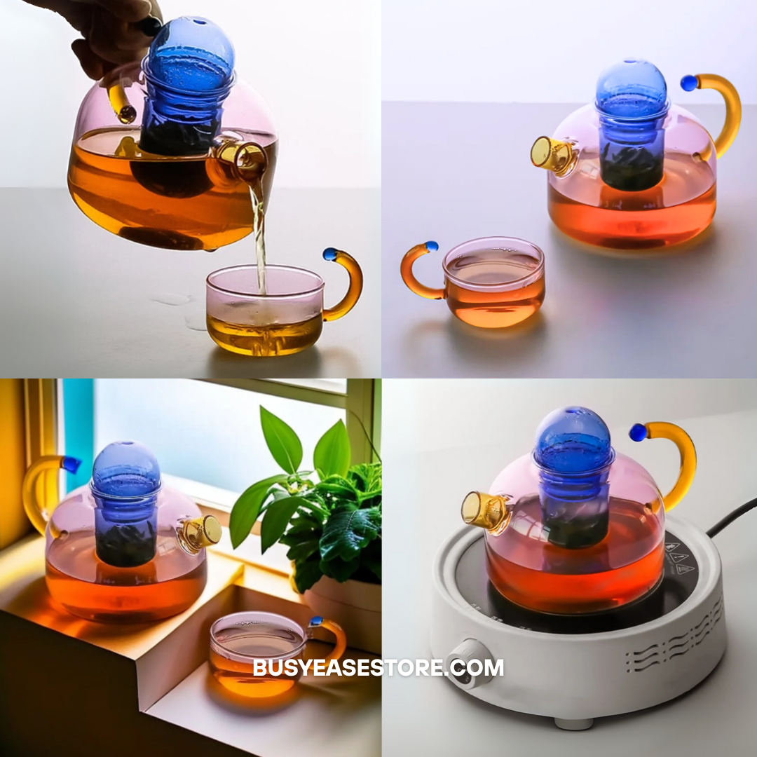 Modern Colorful Heat-Resistant Glass Tea Set | 400ml Teapot & 2 Cups