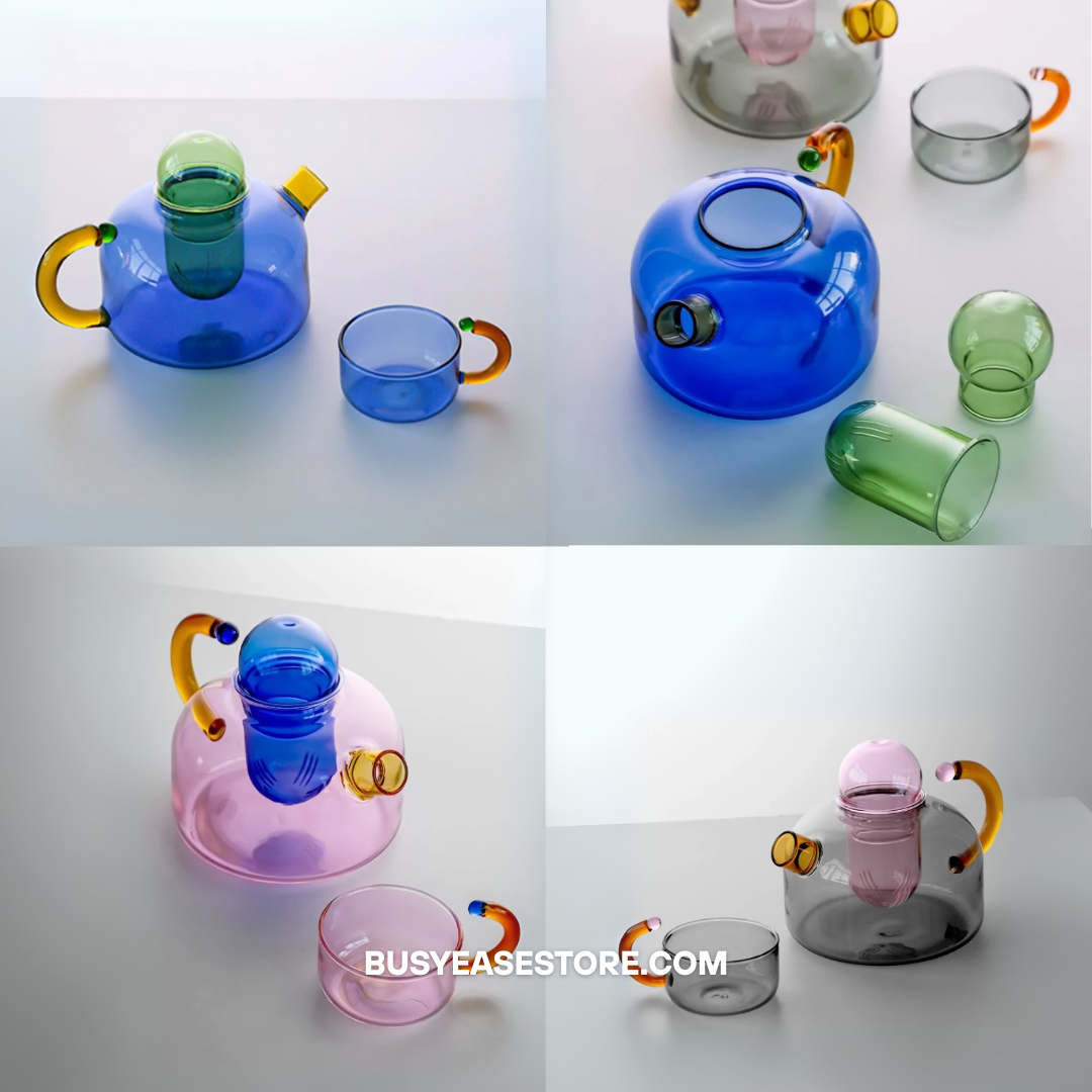 Modern Colorful Heat-Resistant Glass Tea Set | 400ml Teapot & 2 Cups