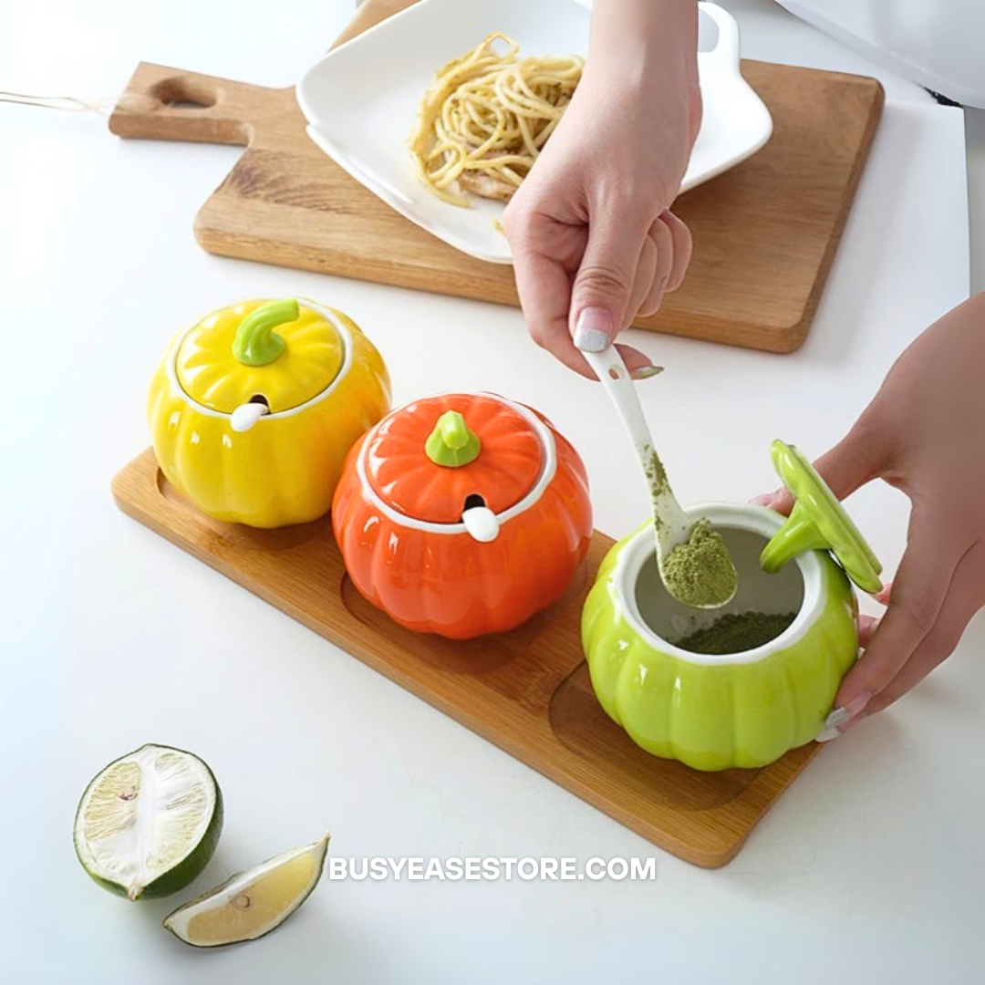 Ceramic Pumpkin Spice Jars | Set of 3 for Halloween Decor with Lids, Spoons & Tray