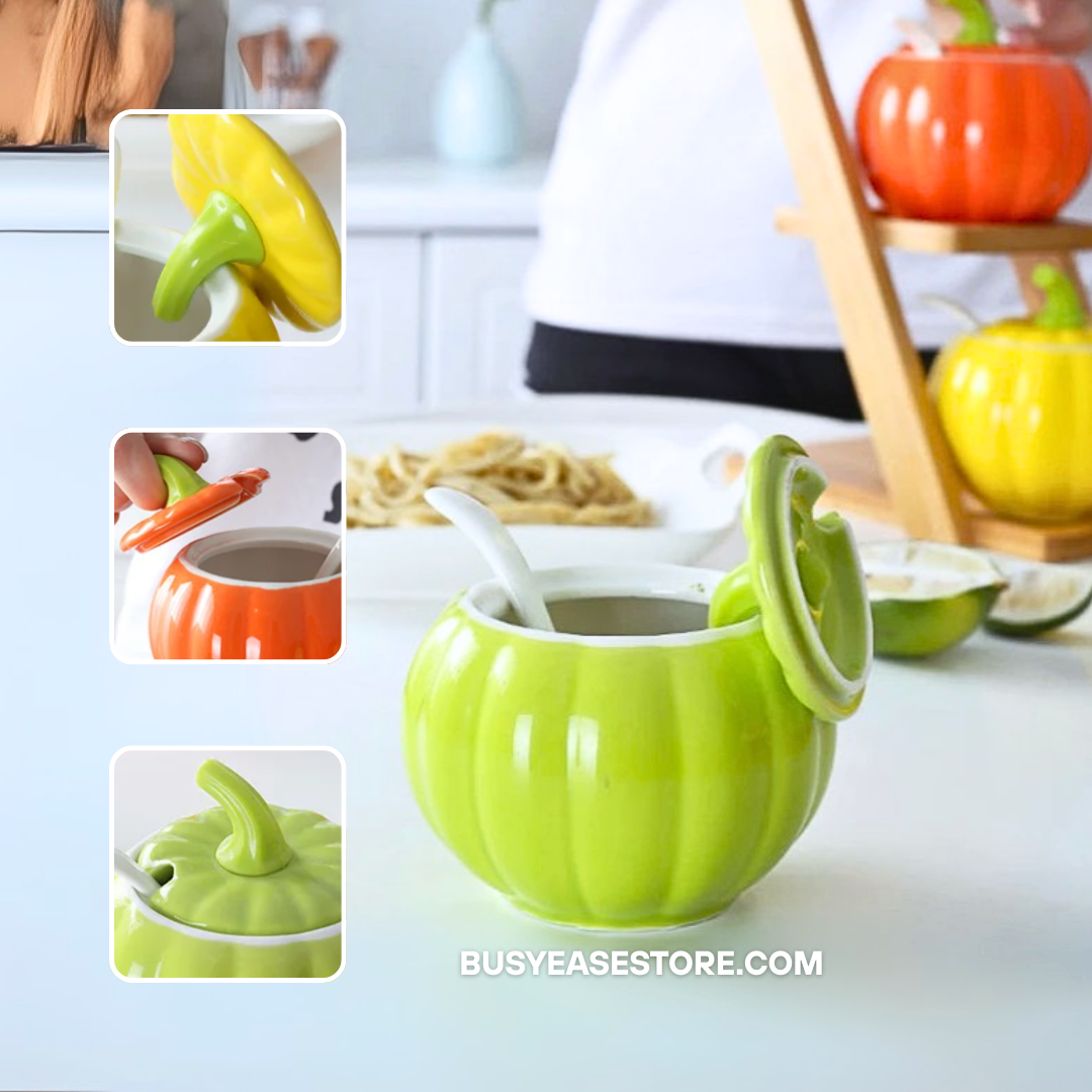 Ceramic Pumpkin Spice Jars | Set of 3 for Halloween Decor with Lids, Spoons & Tray
