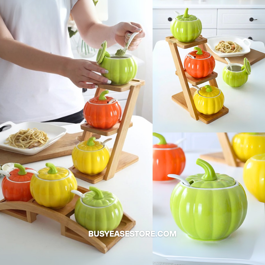 Ceramic Pumpkin Spice Jars | Set of 3 for Halloween Decor with Lids, Spoons & Tray