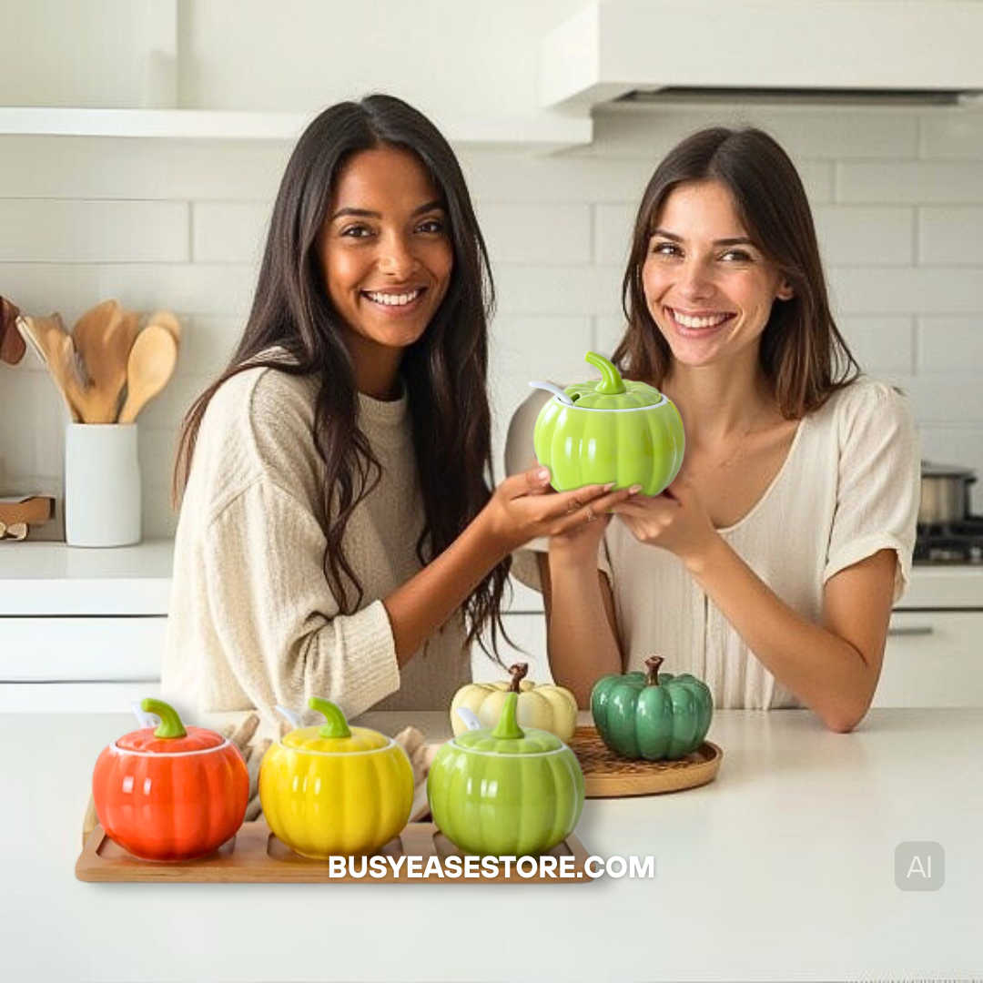 Ceramic Pumpkin Spice Jars | Set of 3 for Halloween Decor with Lids, Spoons & Tray