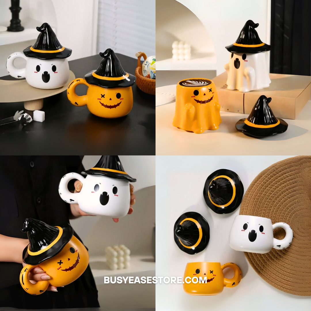 Spooky-Cute Ghost Coffee Mug with Lid | 4 Ceramic Styles for Halloween Decor & Fall Gift