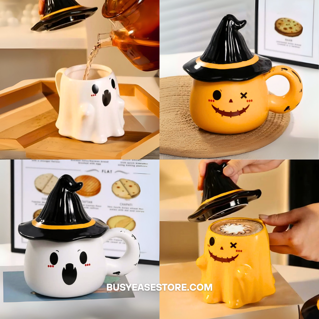 Spooky-Cute Ghost Coffee Mug with Lid | 4 Ceramic Styles for Halloween Decor & Fall Gift