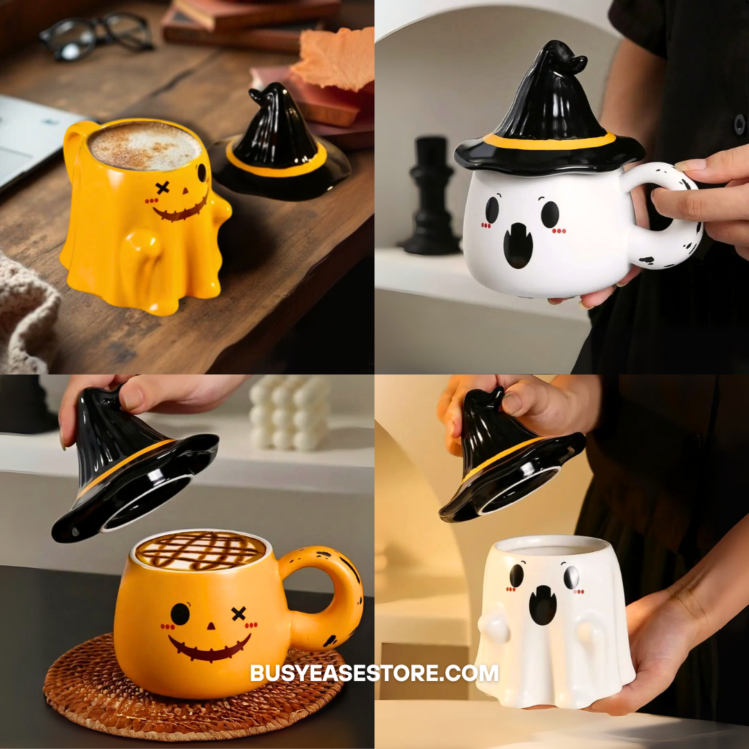 Spooky-Cute Ghost Coffee Mug with Lid | 4 Ceramic Styles for Halloween Decor & Fall Gift