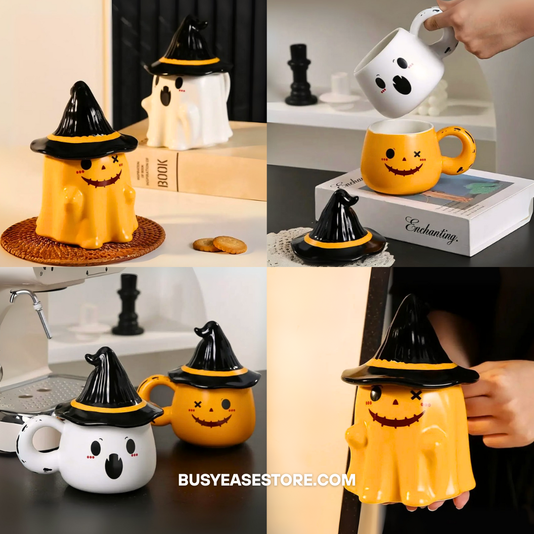 Spooky-Cute Ghost Coffee Mug with Lid | 4 Ceramic Styles for Halloween Decor & Fall Gift