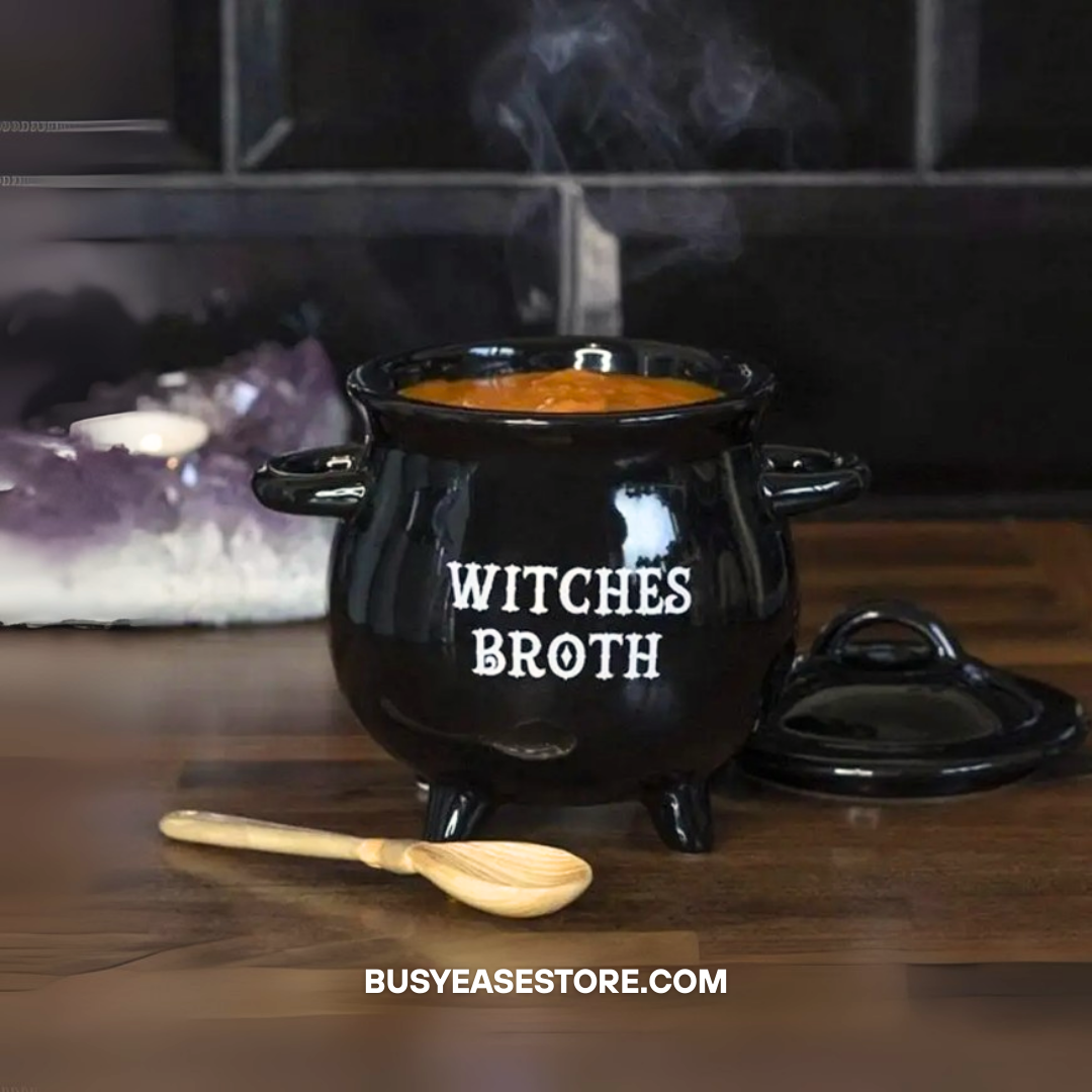 Black Ceramic Cauldron Mug with Lid & Spoon | Witches Broth for Halloween Decor