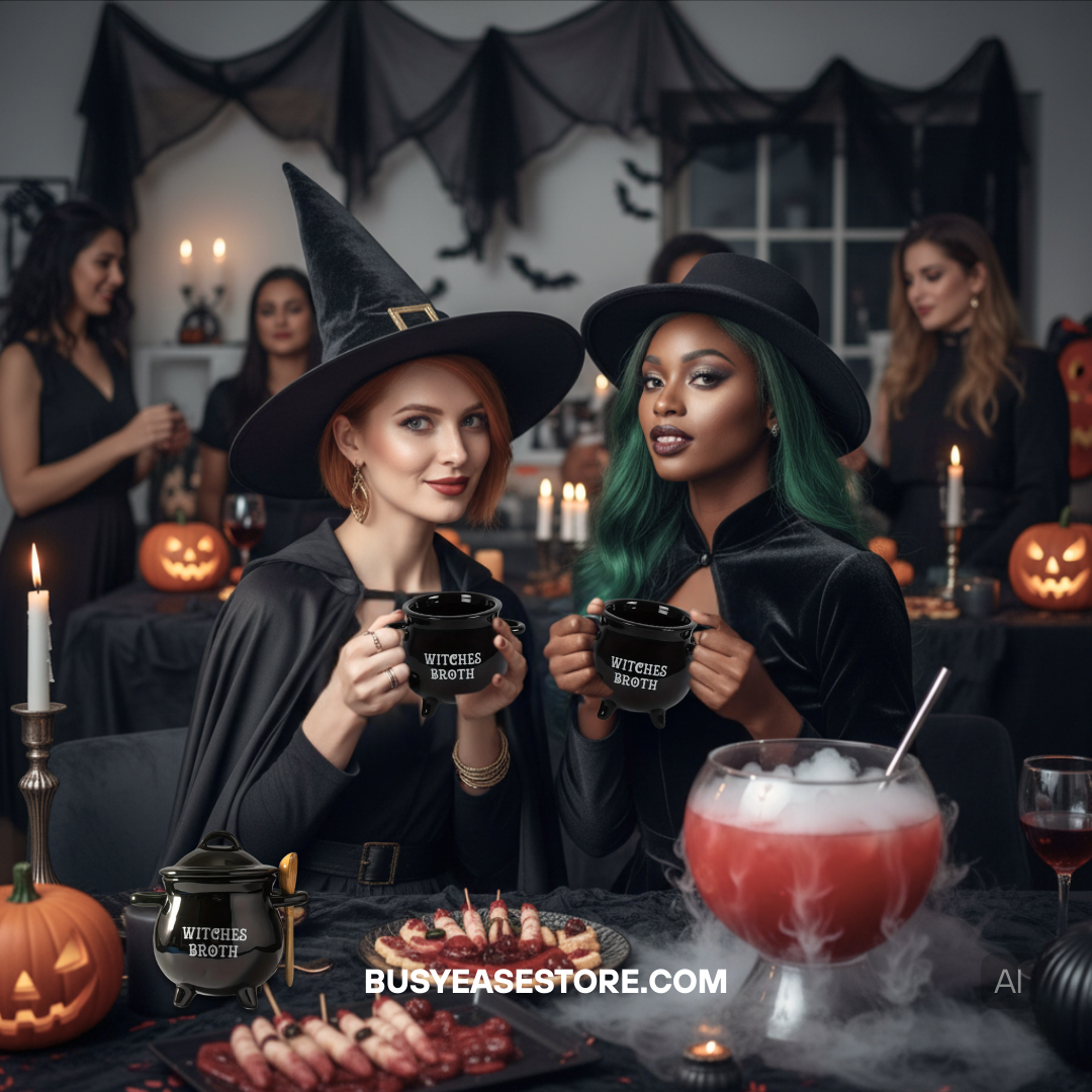Black Ceramic Cauldron Mug with Lid & Spoon | Witches Broth for Halloween Decor