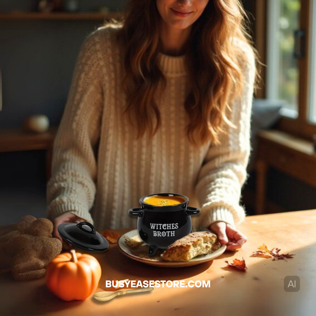 Black Ceramic Cauldron Mug with Lid & Spoon | Witches Broth for Halloween Decor