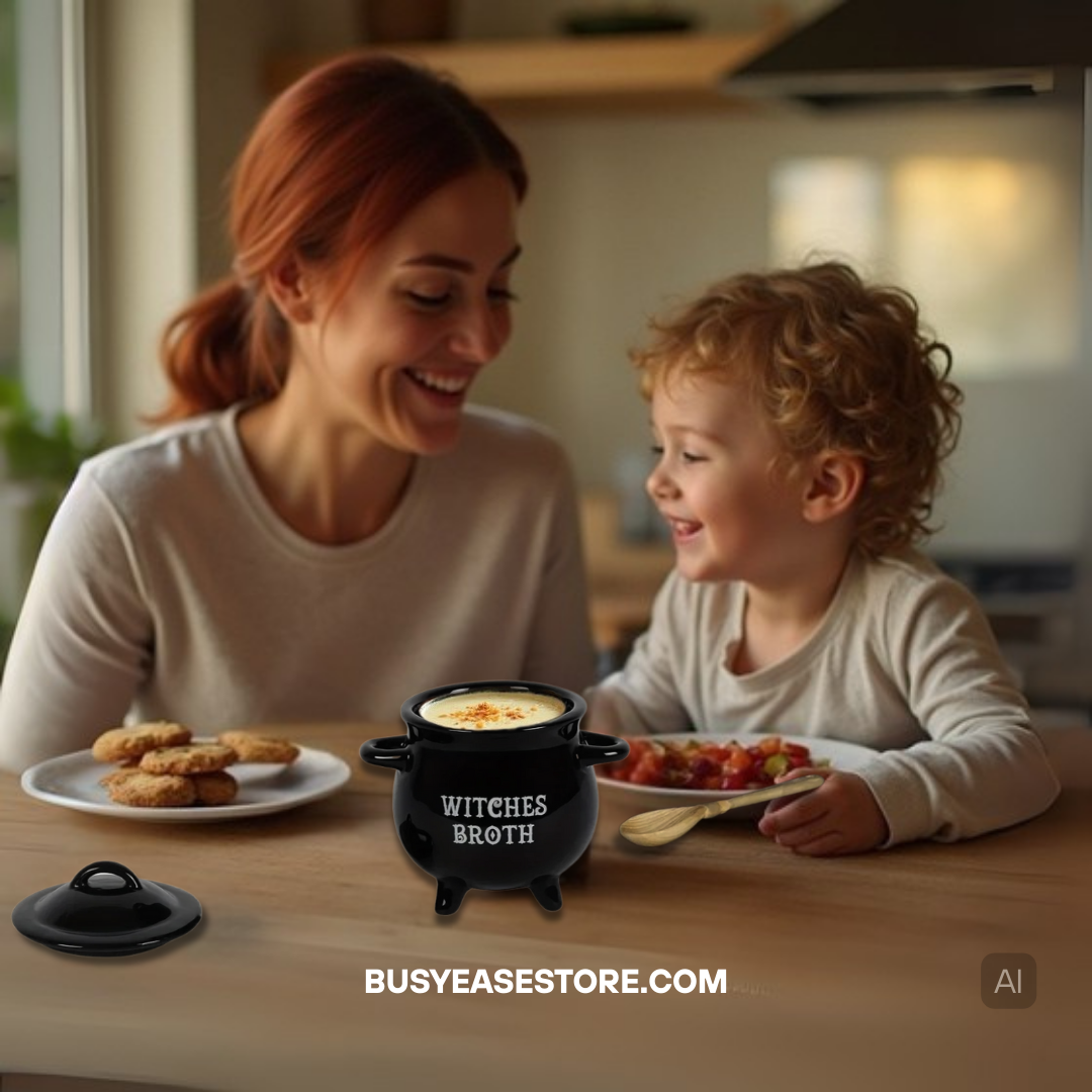 Black Ceramic Cauldron Mug with Lid & Spoon | Witches Broth for Halloween Decor