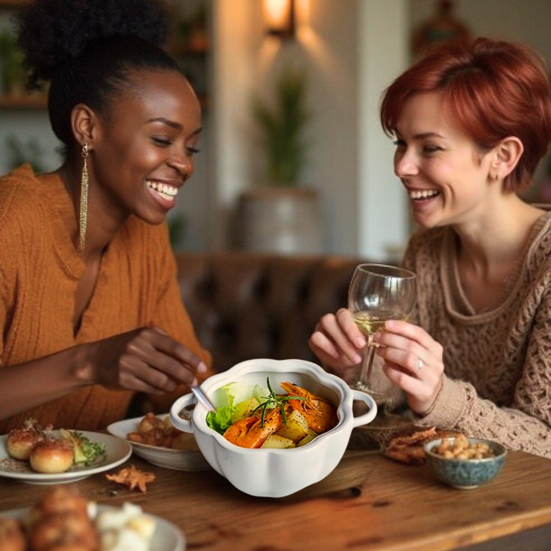 Two women enjoying a meal together with a bowl of food in a white pumpkin-shaped ceramic bowl and wine glasses on a wooden table.