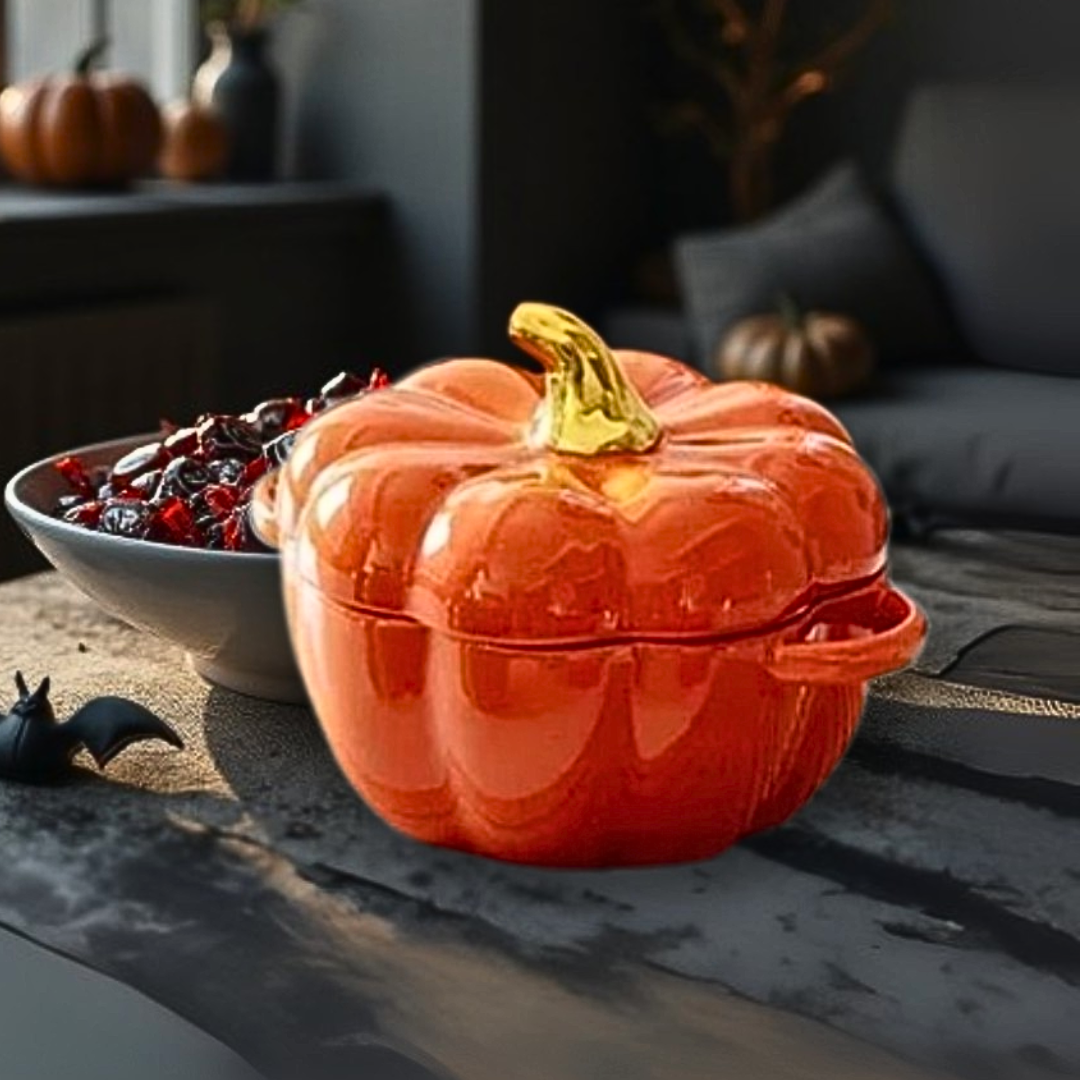 Orange pumpkin-shaped bowl on a table with pumpkins and a bowl with candies in a Halloween vibe.