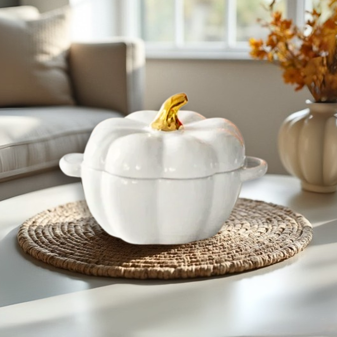 White ceramic pumpkin-shaped pot on a woven mat in a bright living room.