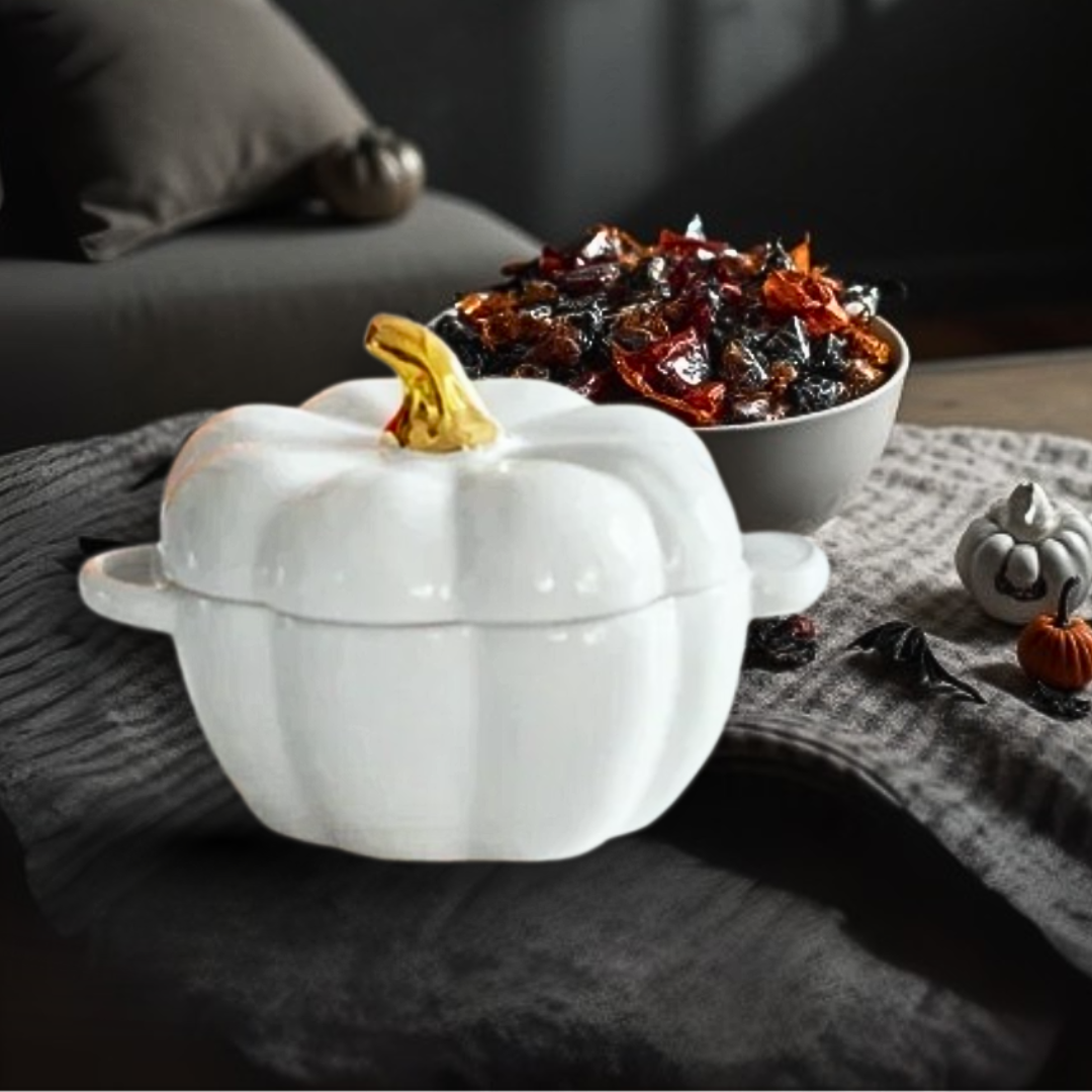 White ceramic pumpkin-shaped bowl on a dark surface with a bowl of candies in a Halloween vibe.