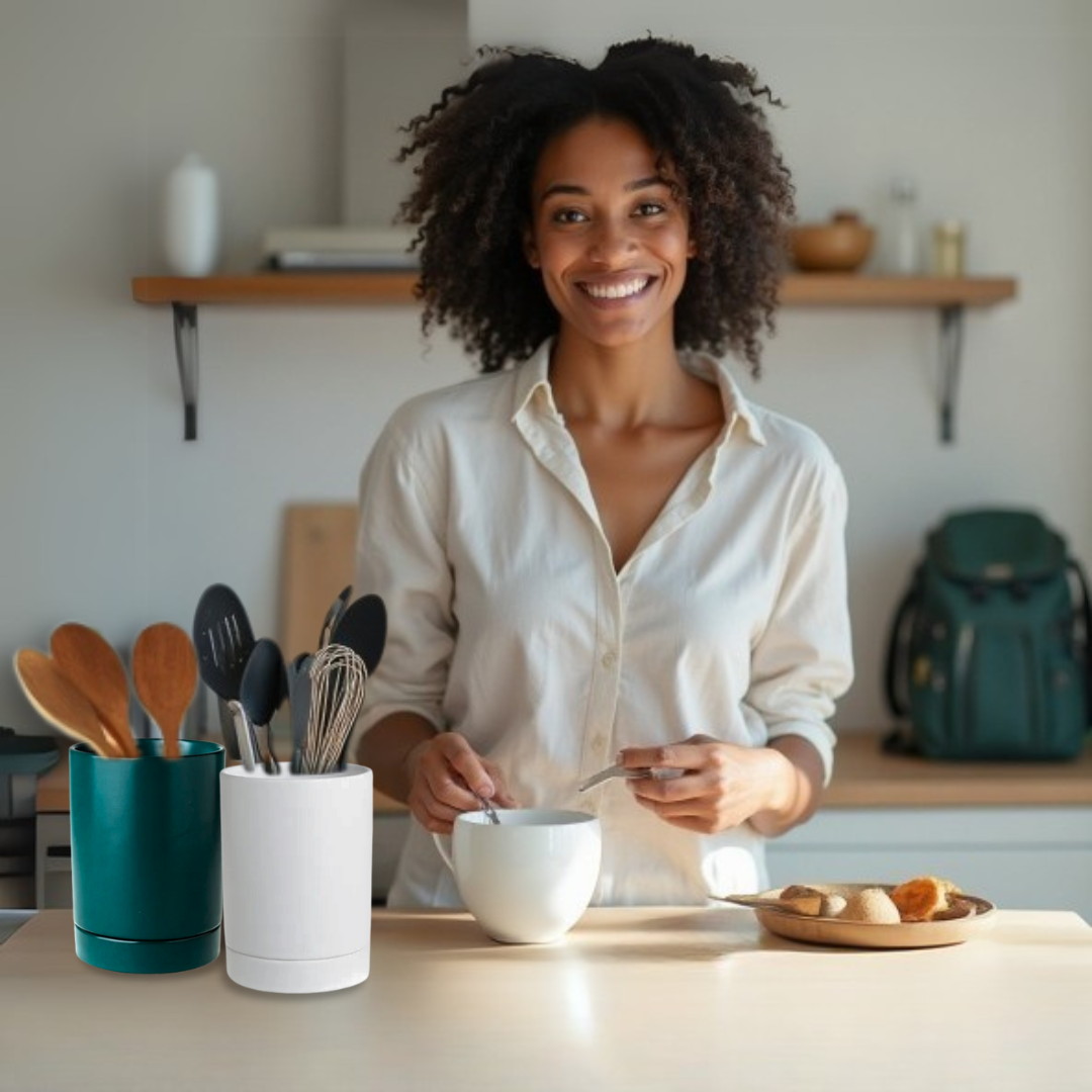 Woman sitting at a kitchen table with utensils on two ceramic crocks and food, smiling.