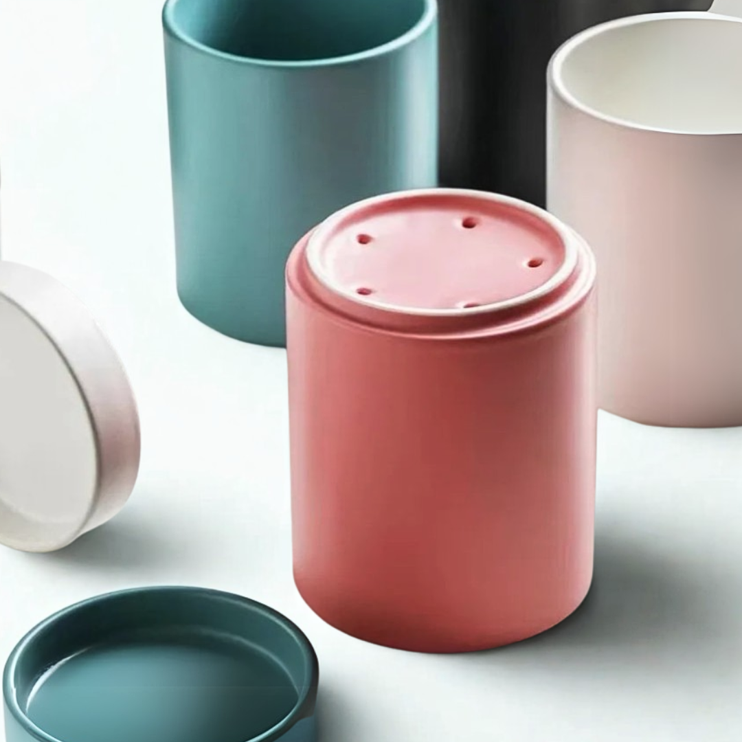 Set of colorful ceramic utensil crock with drainage.