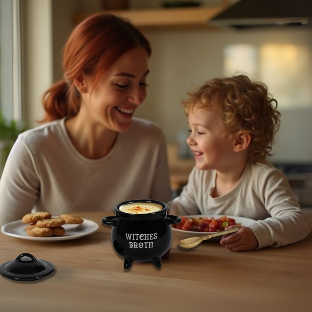 A mom and child in a kitchen enjoy afternoon desserts with a black ceramic cauldron mug labeled 'Witches Broth'