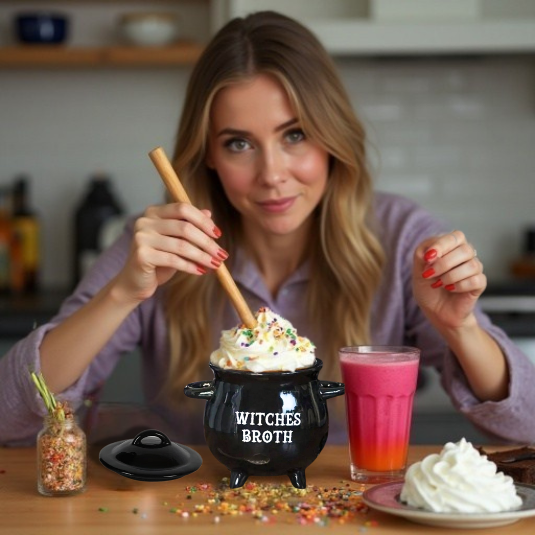 Woman in a kitchen setting with 'Witches Broth' cauldron mug and colorful drink.