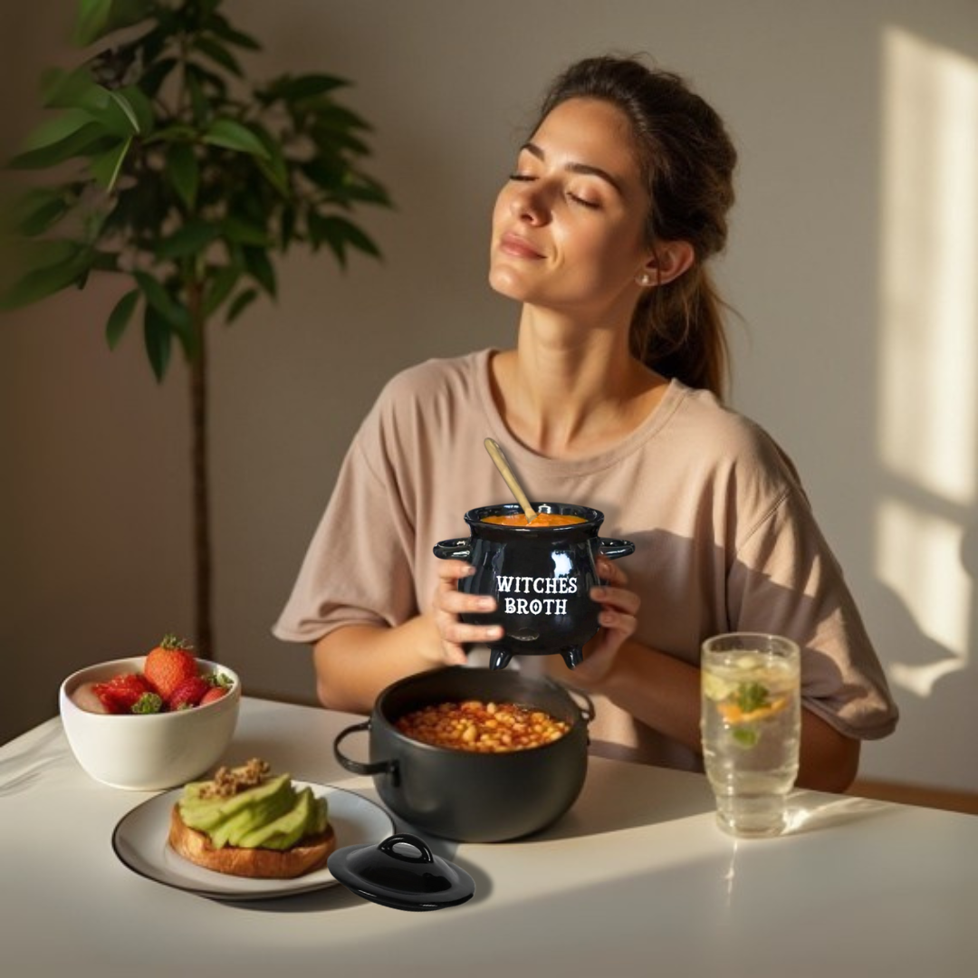 Woman holding a black ceramic cauldron-shaped mug labeled 'Witches Broth' with a meal on a table.