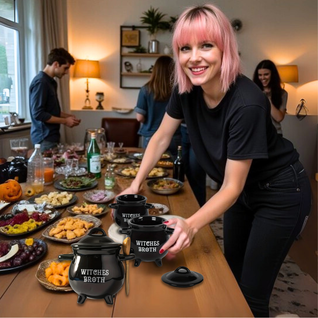 Woman arranging 'Witches Broth' black ceramic cauldron mugs on a table with a party atmosphere.