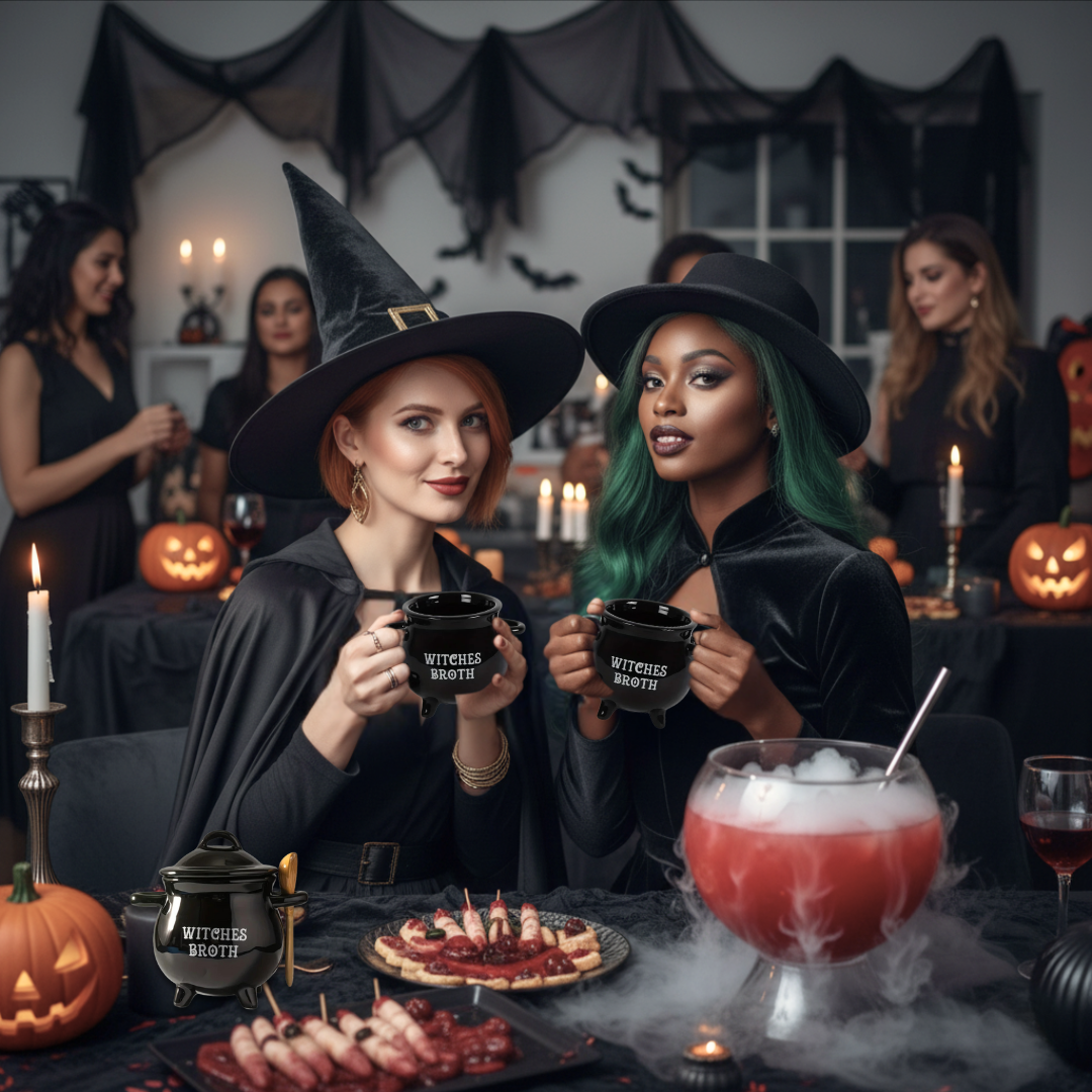 Two women in Halloween costumes holding 'Witches' broth' ceramic cauldron mugs in a festive setting with pumpkins and decorations.