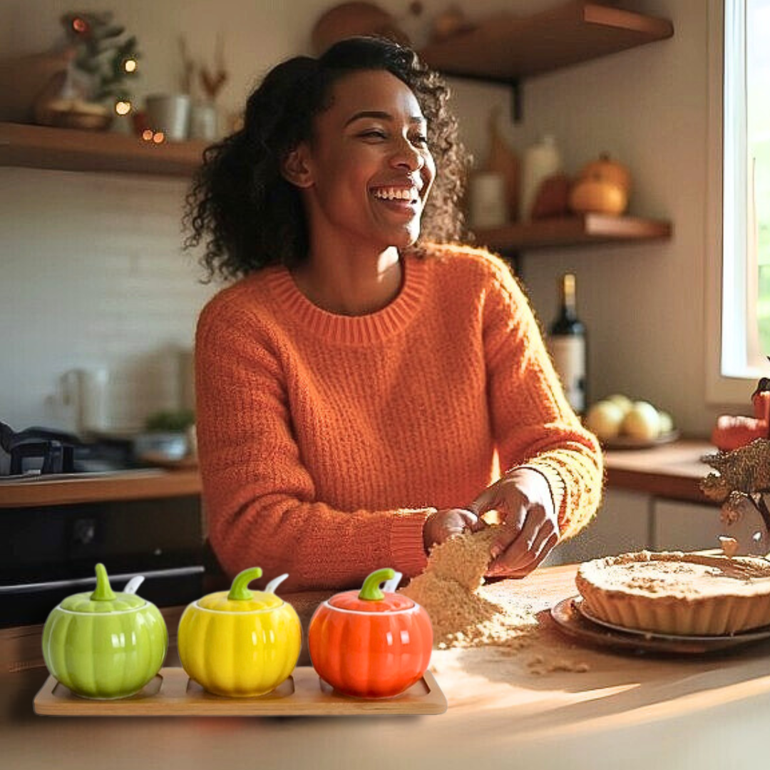 Woman in an orange sweater in a kitchen with colorful ceramic pumpkin-shaped jars with tray and a pie.