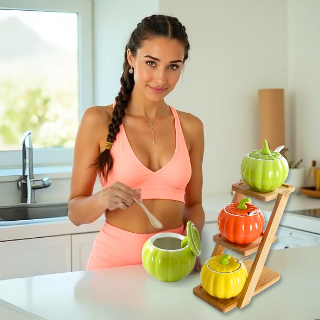 Woman in a kitchen with colorful ceramic pumpkin-shaped containers on a wooden stand.