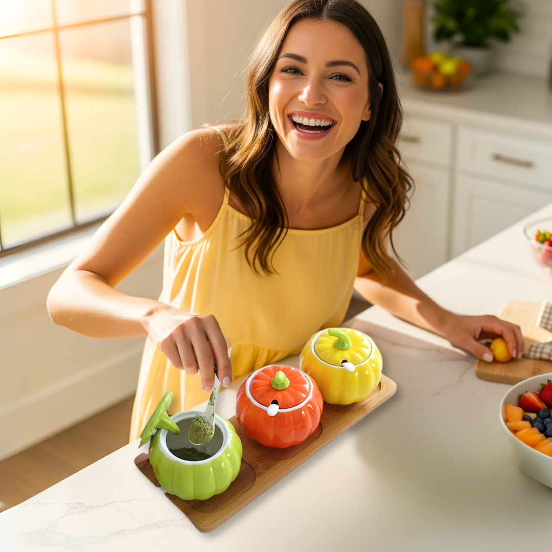 Woman in a yellow dress preparing food in a kitchen with colorful ceramic pumpkin-shaped containers on a wooden tray.