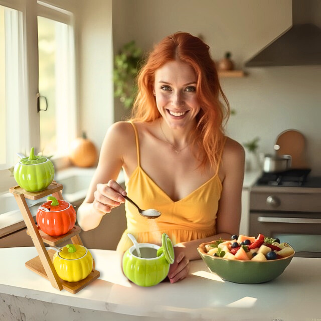 Woman in a yellow top sitting at a kitchen table with a bowl of fruit and colorful ceramic pumpkin-shaped containers