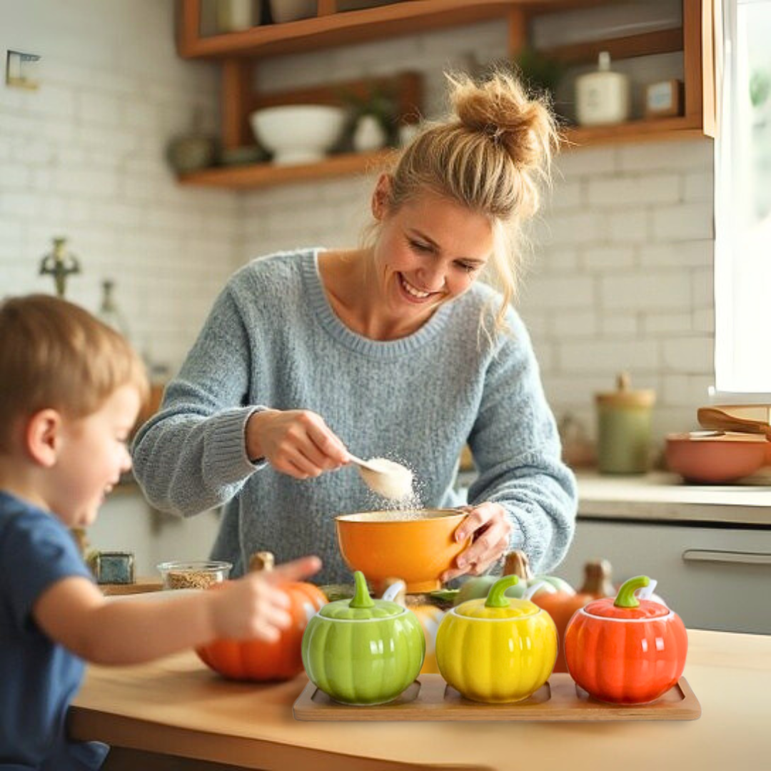 A mom and child in a kitchen preparing food together with colorful ceramic pumpkin spice jars with tray.