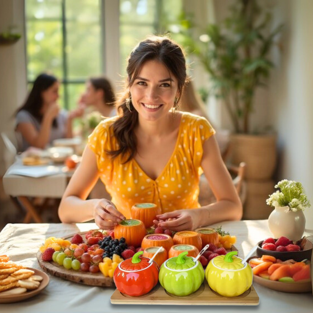 Woman in a yellow polka dot dress sitting at a table with a colorful fruit, vegetable platter, and colorful ceramic pumpkin spice jars with tray.