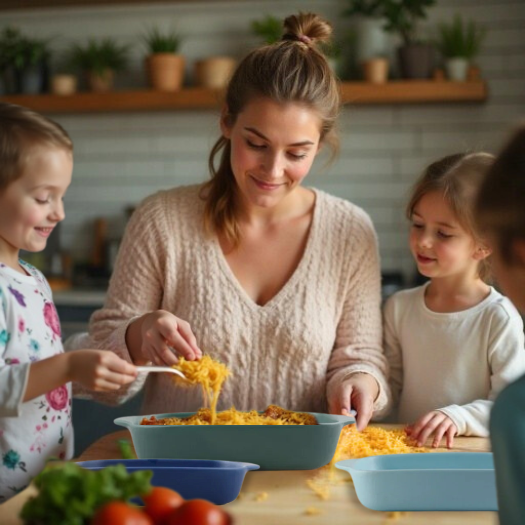 A mom and children preparing food together in a kitchen
