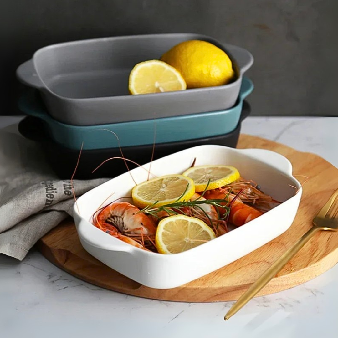 Set of ceramic baking dishes on a kitchen counter