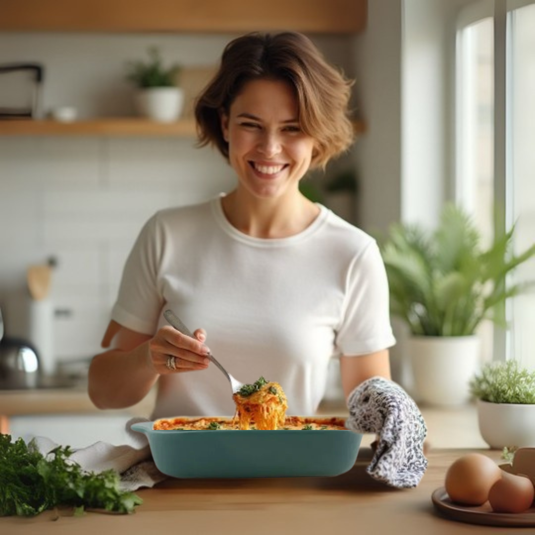 A busy woman holding a green ceramic dish of pasta, smiling in a kitchen