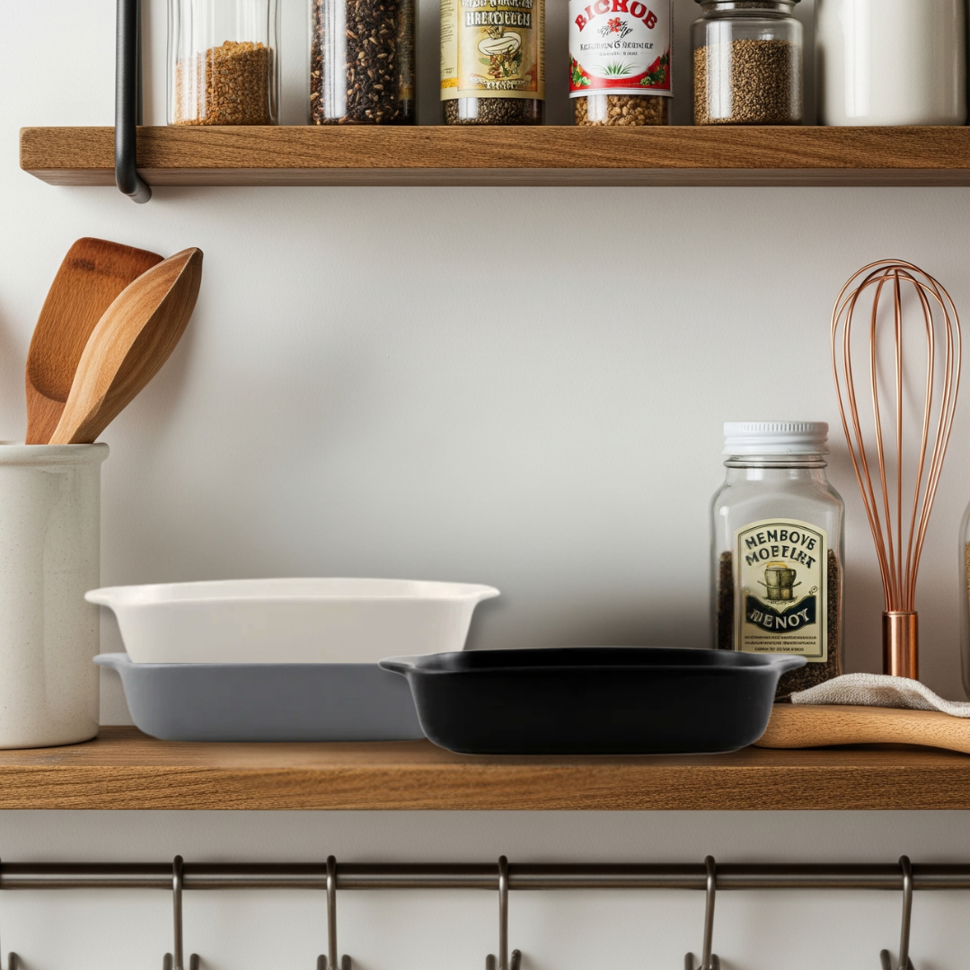 Kitchen shelves with baking ceramic dishes, spices, and utensils