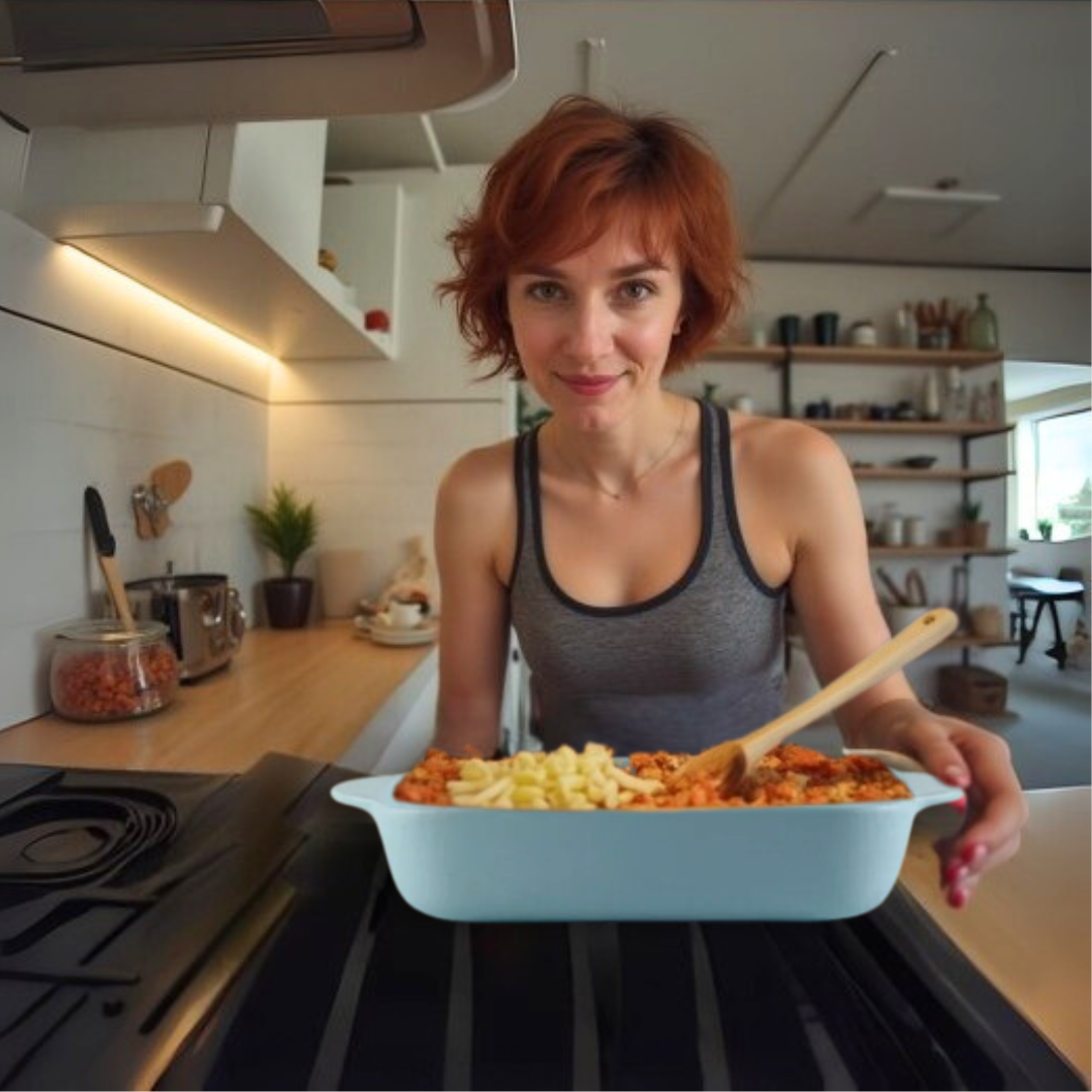 A busy woman in a kitchen holding a ceramic dish of food