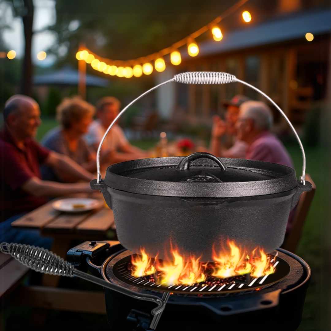 Black cast iron Dutch oven on a portable stove with families sitting around a table in the background